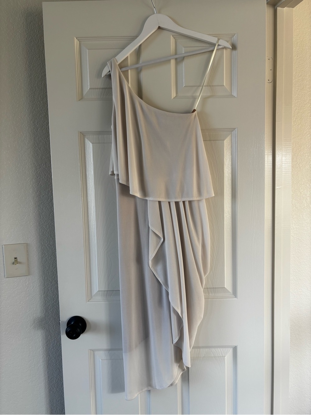 BCBGMaxAzria One-Shoulder Draped Ruffle Dress in Light Beige